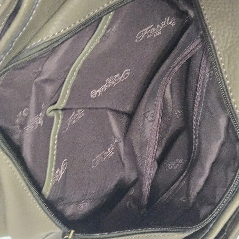 Vtg Fossil Green Leather Shoulder Bag Satchel 3- Compartment Key Charm